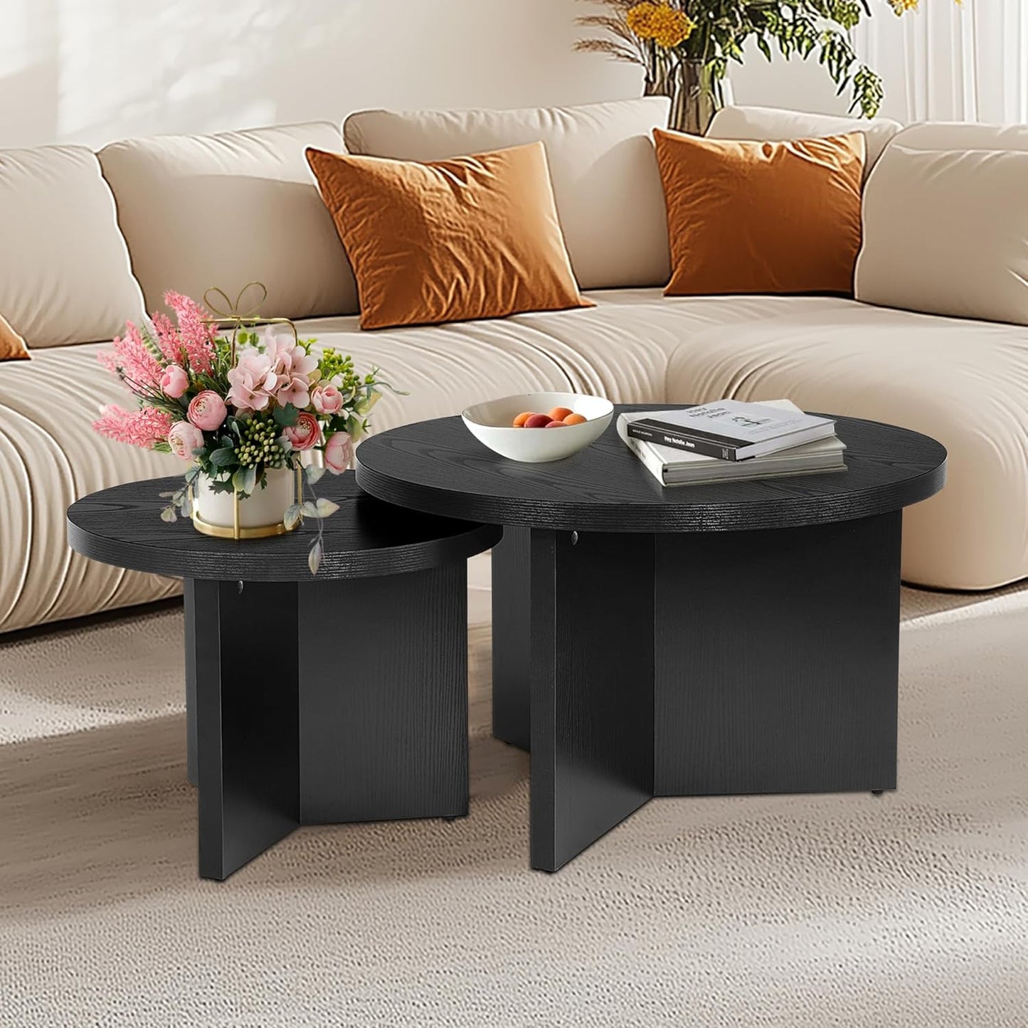 Round Nesting Coffee Tables Set of 2, Modern Stacking Table with Wood Grain Finish, End Table Side Tables for Living Room (Black)