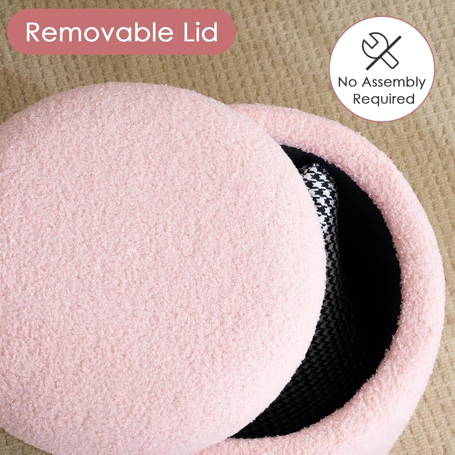 YFO Round Ottoman with Removable Lid Upholstered, Multifunctional Vanity Chairs for Makeup, Soft Footrest Stool Ottoman Foot Stool for Living Room, Bedroom, Boucle, Pink