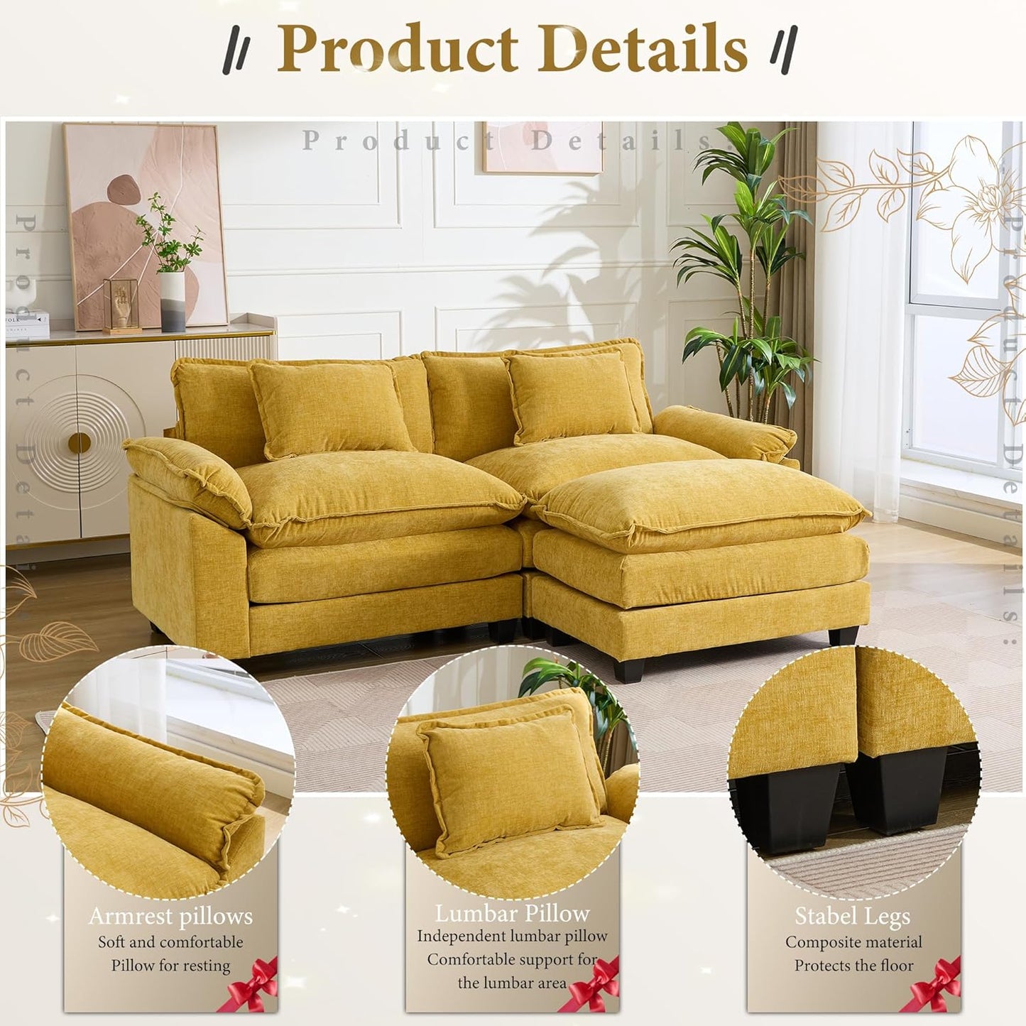 URRED Modular Sectional Sofa Comfy Cloud Couch, Modern Chenille Sofa Sleeper Deep Seat Couches with Ottoman/Pillows for Living Room (Yellow, 82.6''- L Shape)