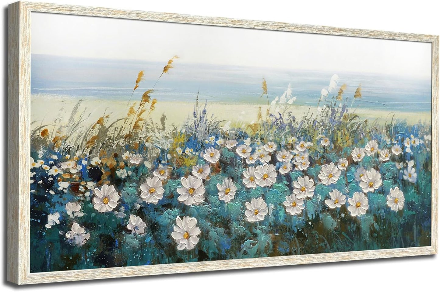 Arjun Flowers Wall Art Canvas White Daisy Floral Painting Blue Coastal Landscape Picture Modern Artwork for Living Room Bedroom Bathroom Dinning Room Office Home Wall Decor Large Framed 48"x24"