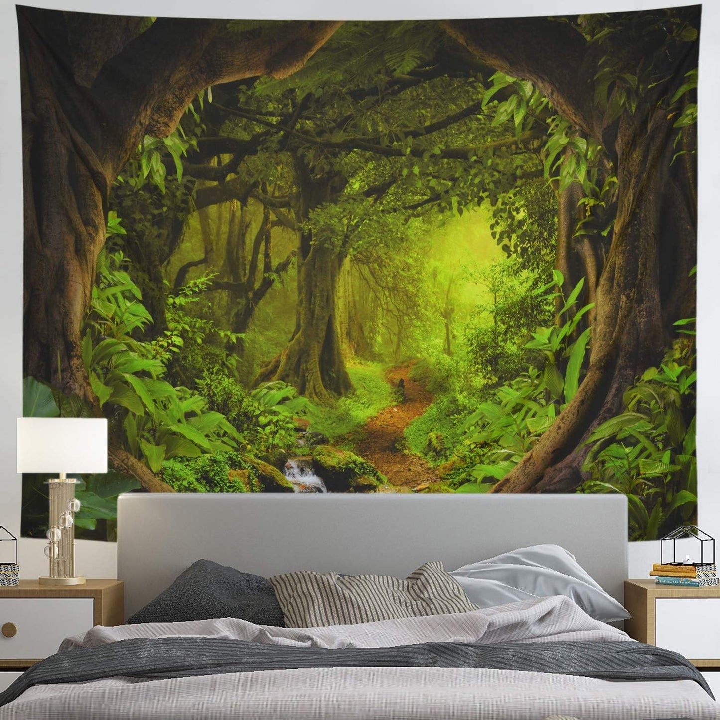 Tushelia Forest Nature Tree Cave Wall Hanging - Misty Forest Stream Through Rainforest Landscape Jungle Creek Psychedelic Tapestry for Living Room