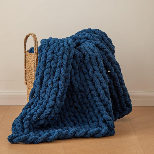 WESHIONGOO Chunky Knit Blanket Throw 40"*40" Knitted Throw Blankets for Couch Bed Fluffy Soft Blanket with Jumbo Chenille Yarn Thick 100% Handmade(Navy Blue)