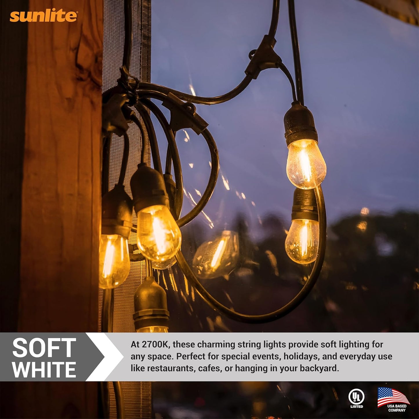 Sunlite 80571 24ft Outdoor String Lights, 1.5W Commercial Grade, Waterproof, Linkable Strands, UL Listed, 7 Hanging Sockets, Shatterproof LED Edison Bulbs Included, 2700K Warm White