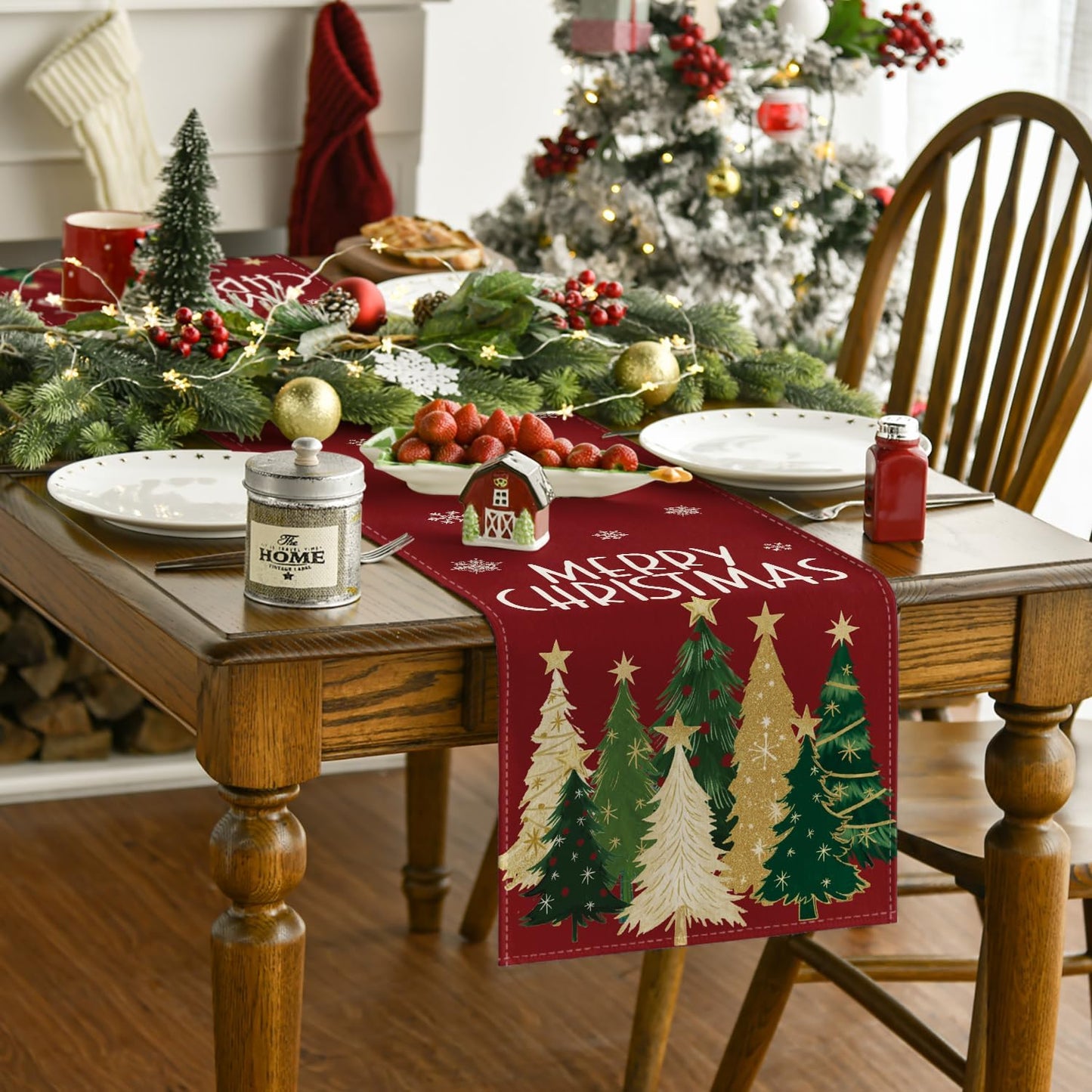 Artoid Mode Xmas Trees Snowflakes Red 210 GSM Merry Christmas Table Runner, Winter Kitchen Dining Table Decoration for Home Party Decor 13x120 Inch