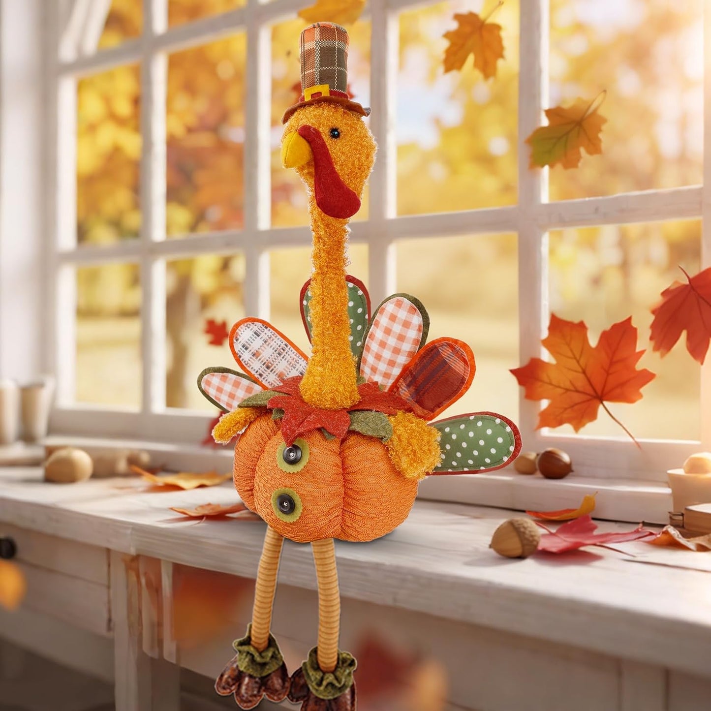 winemana Thanksgiving Decoration 31.5" x 18.5" Plush Turkey with Stretchable Head, Handmade Stuffed Sitting Turkeys Fall Decorations for Indoor Home Tabletop Party Autumn Decor (Cock)