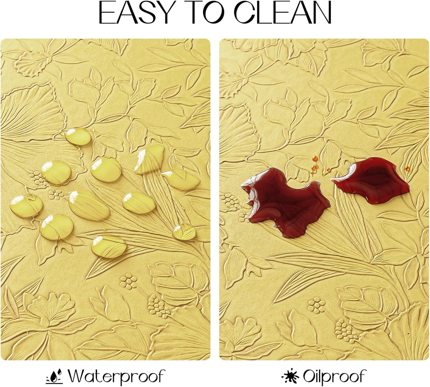 Romanstile Vinyl Placemats Set of 6-12 X 18 Inch - Heat Resistant Non-Slip Embossed Floral Place Mats 100% Waterproof Oilproof Wipeable Faux Leather Table Mats for Kitchen/Dining/Party, Yellow