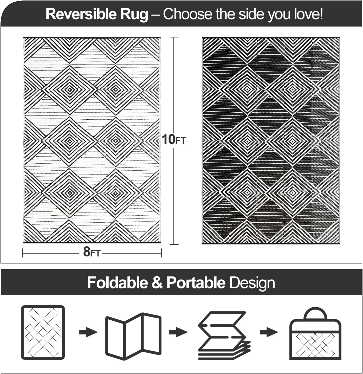 Waterproof Outdoor Rug 8x10ft, Foldable Reversible Plastic Straw Mat for Patio RV Deck Porch Backyard Balcony Camping Picnic Beach Indoor Outdoor Carpet, Black&White