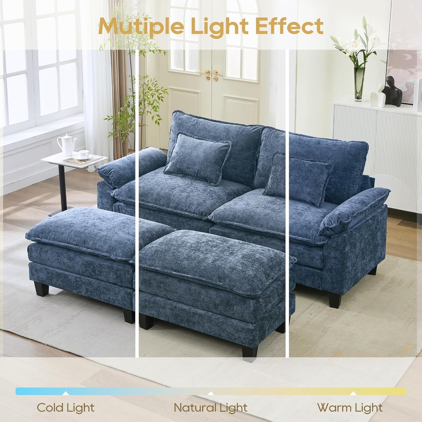 URRED Modular Sectional Sofa Comfy Cloud Couch, Modern Chenille Sofa Sleeper Deep Seat Couches with Ottoman/Pillows for Living Room (Blue, 82.6''- 2 Ottomans)