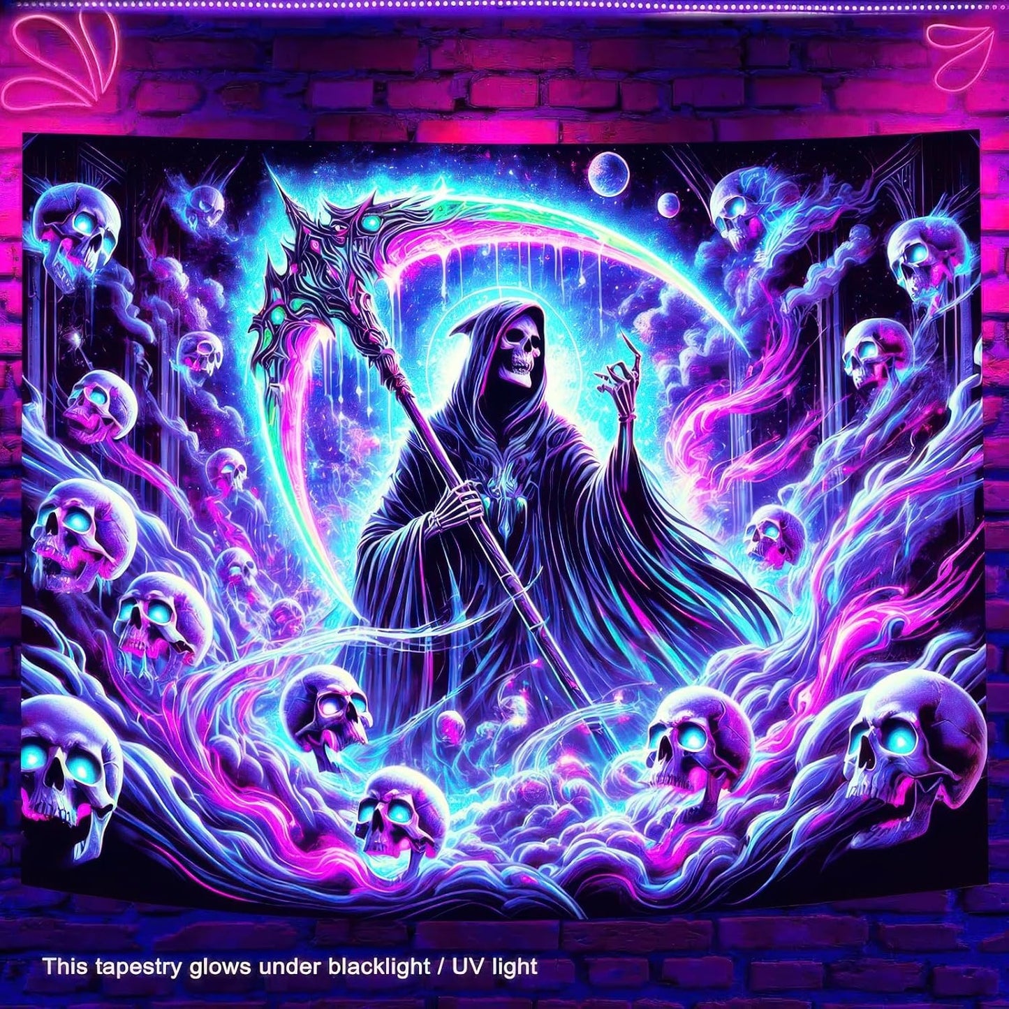 BlissYard Blacklight Skull Tapestry UV Reactive Tapestry 78x59 Inch Grim Reaper Gothic Skeleton Wall Tapestry Glowing Tapestry Large Neon Tapestry Wall Hanging for Living Room Bedroom Decor Teens