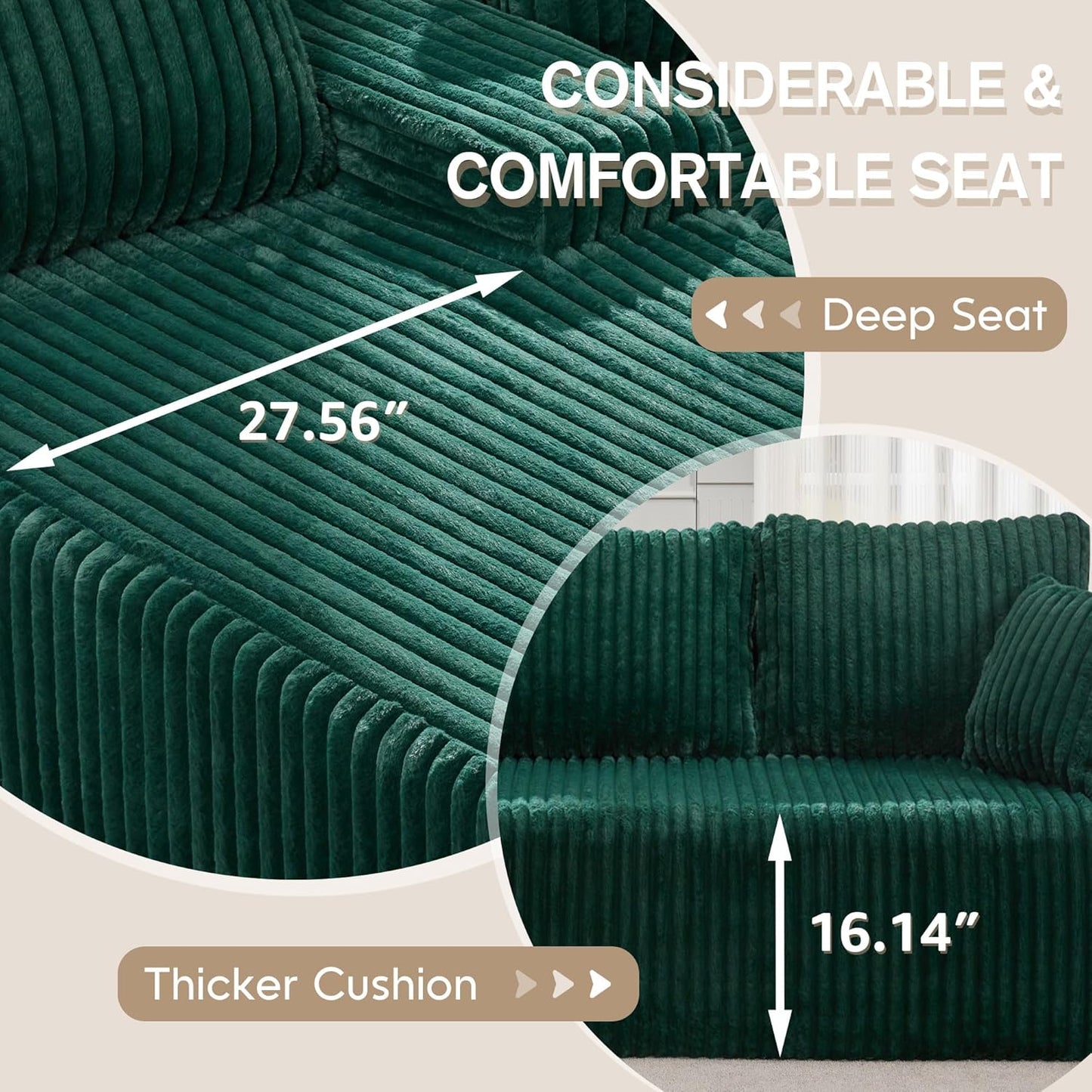 Hobestluk Modular Sectional Sofa Couches 108" L-Shape Couch 3 Seat Modular Sofa Memory Foam Sectional Couches for Living Room, Boneless Couch with Oversized Chaise (Green, Right Facing)