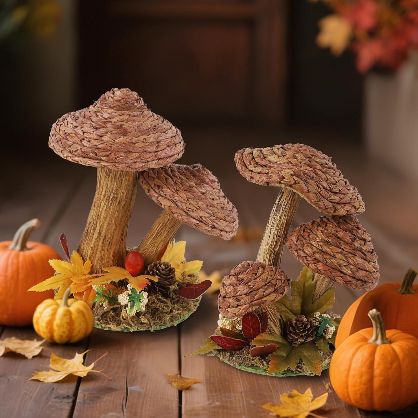 winemana 2 Pack Mushroom Fall Decor - Handmade Woven Mushrooms Figurines, Rustic Farmhouse Table Centerpieces for Thanksgiving, Autumn Home, Shelf & Kitchen Decor