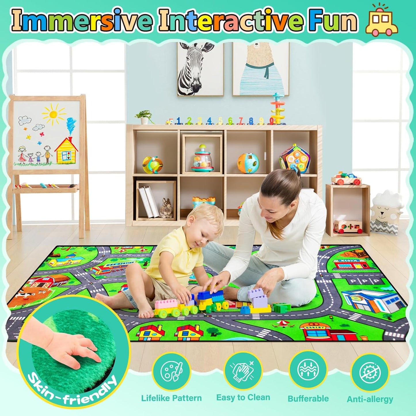 Road Car Rug,City Road Rug for Kids,5x7 Ft Kids Floor Play mat,and Car Carpet Play Mat with Realistic Colors – Perfect for Children and Non-Slip for Classroom,Playroom and Bedroom