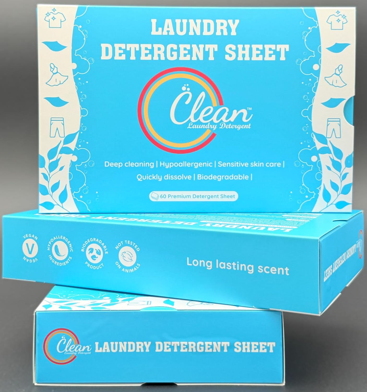 Clean Laundry Detergent™– Hypoallergenic, Eco-Friendly, Plant-Based, Biodegradable, 100% Natural – Gentle on Skin & Fabrics, Fresh Scent, 60 Premium Detergent Sheet