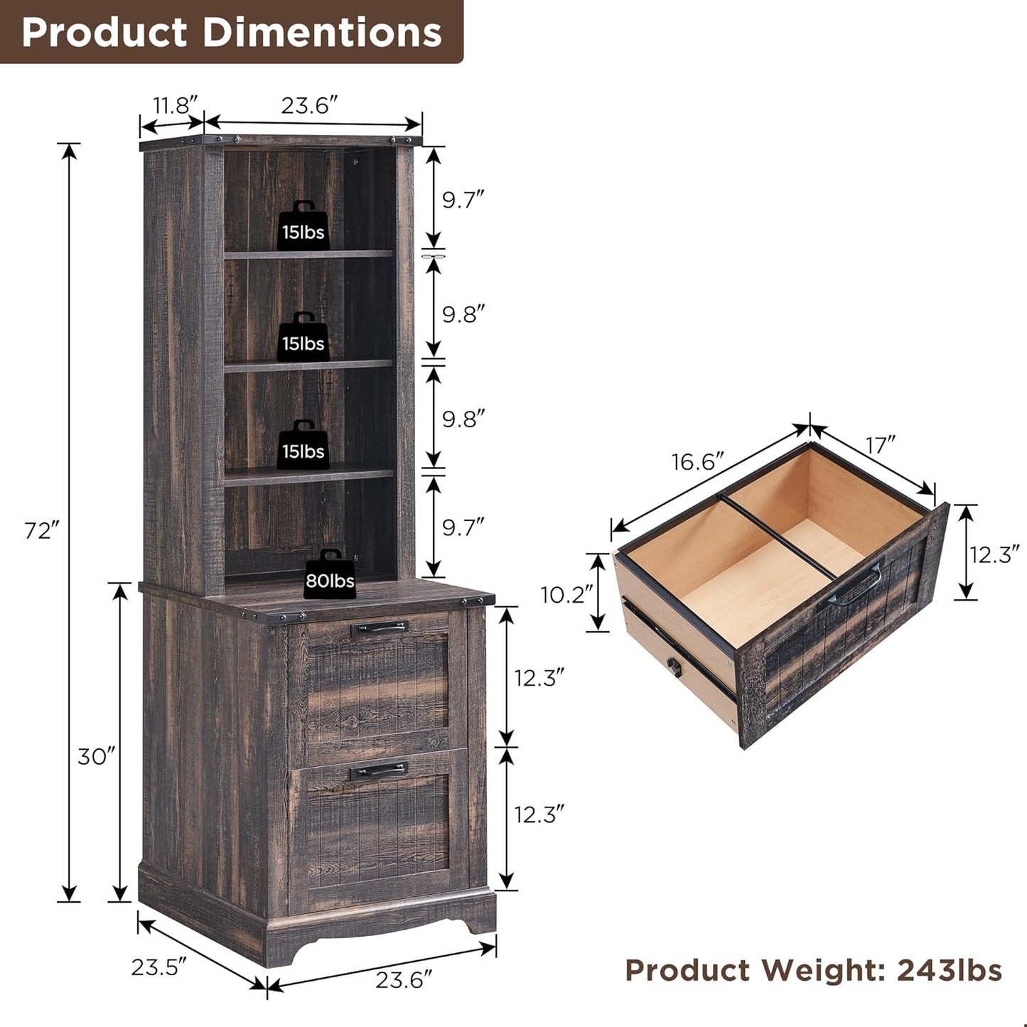 RedLemon Bookcase with 2 File Drawers, 72" Tall Farmhouse Bookshelf with Storage and Adjustable Shelves, 4 Tier Rustic Wood Bookshelf with Cabinet for Home Office, Living Room (Dark Rustic Oak)