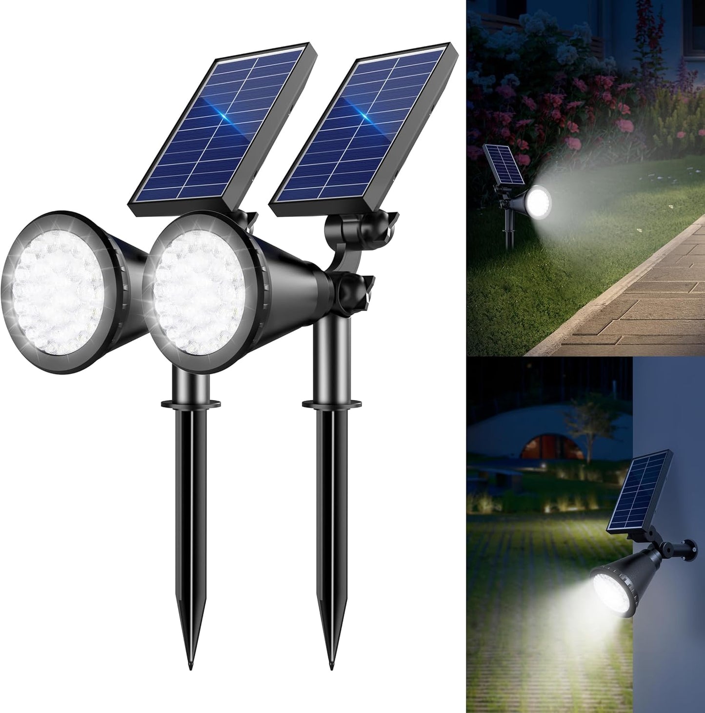 Solar Lights Outdoor Waterproof, 36 LEDs 1000LM Adjustable Solar Spot Lights Outdoor, 2-in-1 Solar Powered Spotlight Landscape Lighting for Garden, Yard, Pathway- 2 Pack (Cool White)