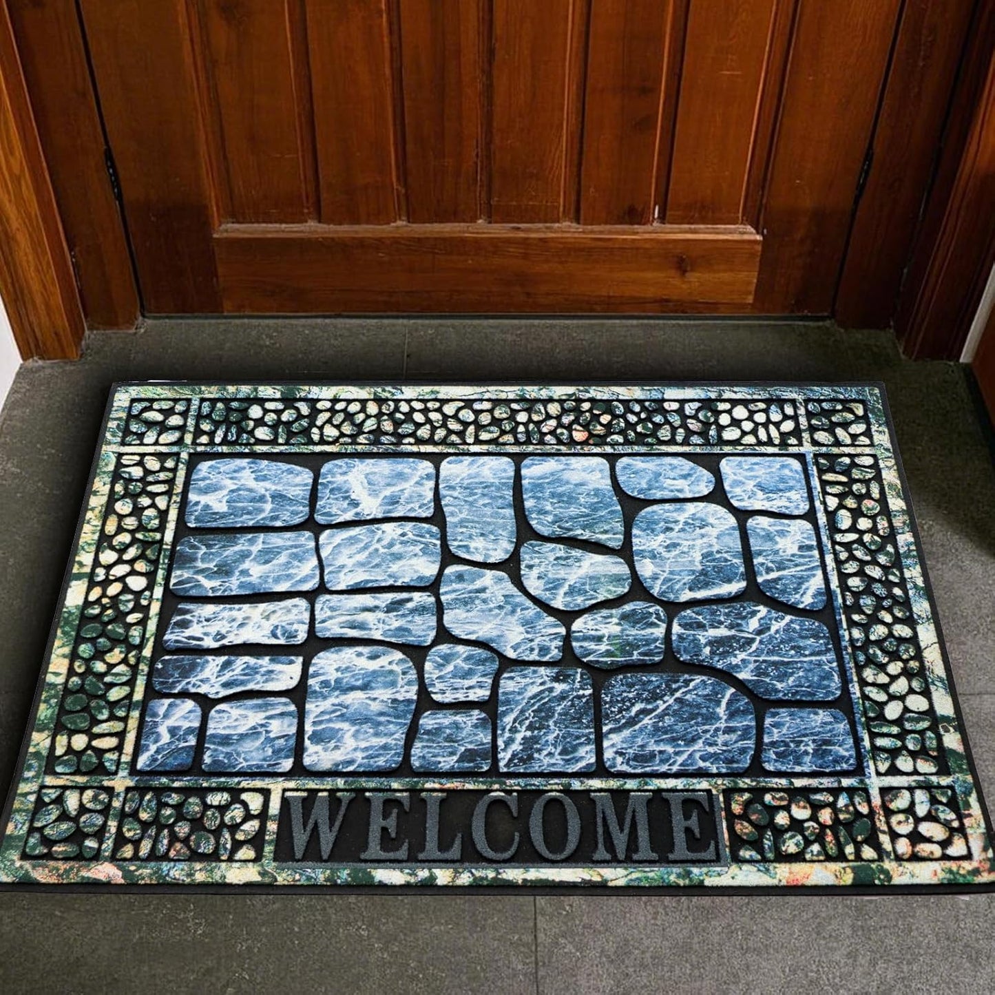 Door Mat Welcome Mat, Heavy Duty Door Mat 23.6 x 35.4 Inch Front Door Mat Rug Doormat for Outdoor Entrance Home Non-Slip Rubber Rug for Front Door, Outside, Entryway, Patio (Blue Welcome)