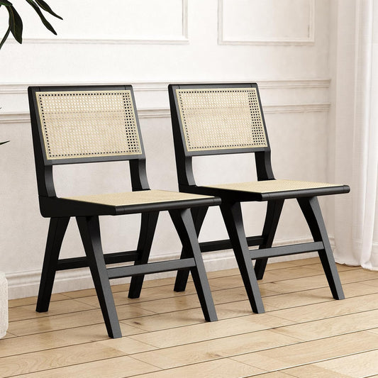 Accent Chair Dining Chairs Set of 2, Solid Wood Frame Boho Rattan Chair, Mid Century Modern Accent Chairs for Living Room Bedroom Dining Room Kitchen(Black)