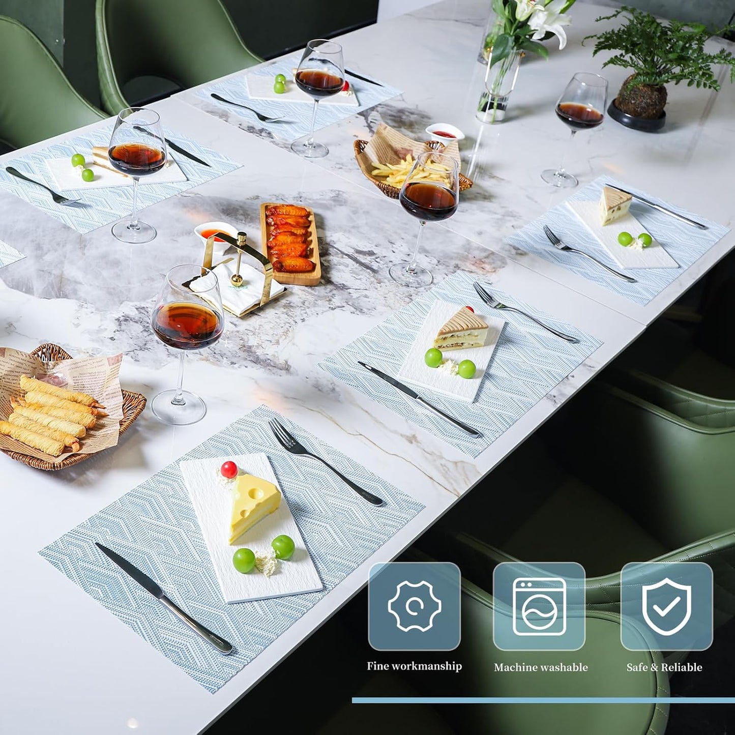 Vinyl Plastic Placemats Set of 6 Washable Heat Resistant Non-Slip Elegant Indoor Outdoor Kitchen Dining PVC Woven Table Place Mats (Sky Blue Rhombus)