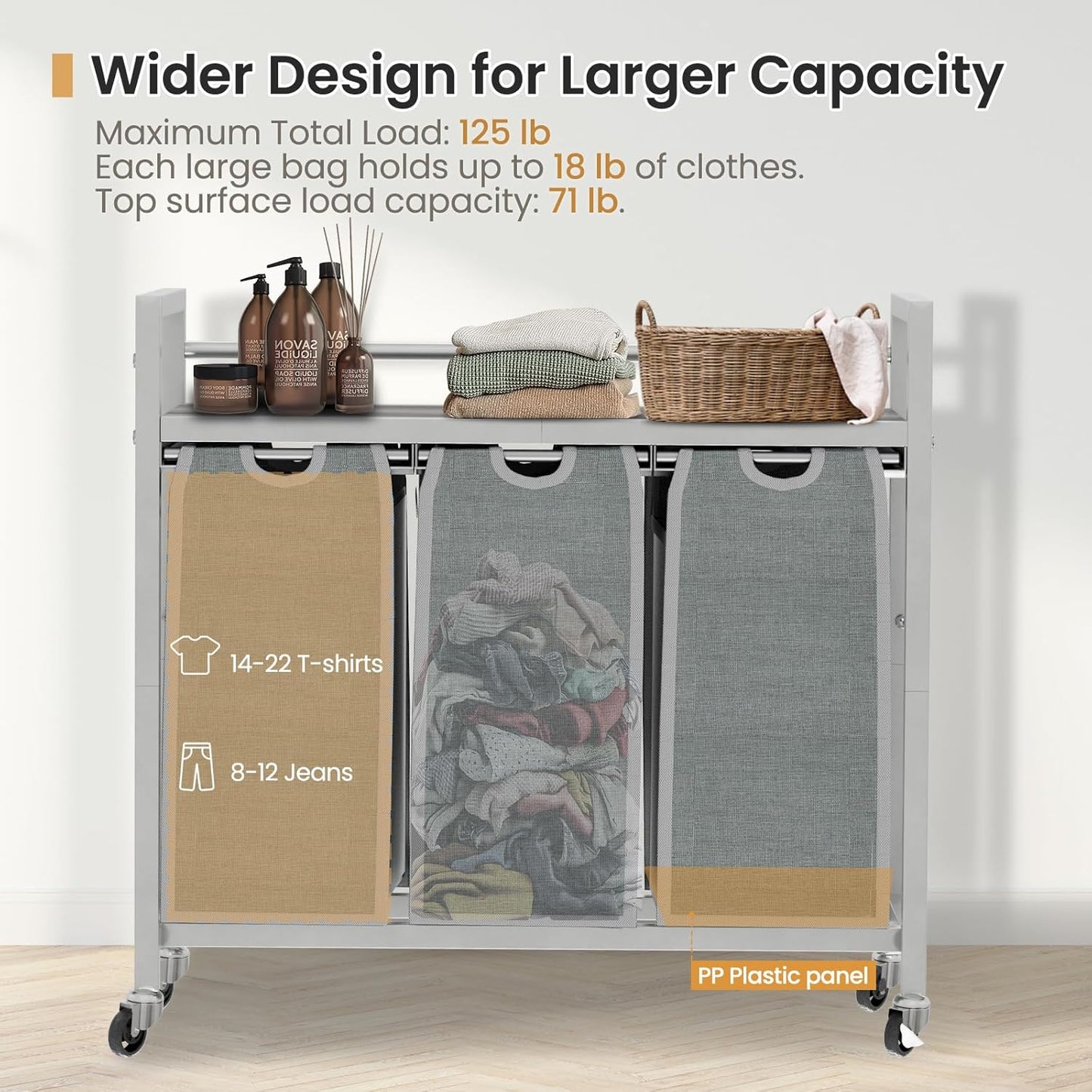 Laundry Hamper, Laundry Basket, Laundry Sorter with 3 Removable Bags, Clothes Basket with 3 Compartments, Wheels, Shelf for Laundry Room Bathroom Bedroom (3 Bags-Gray)