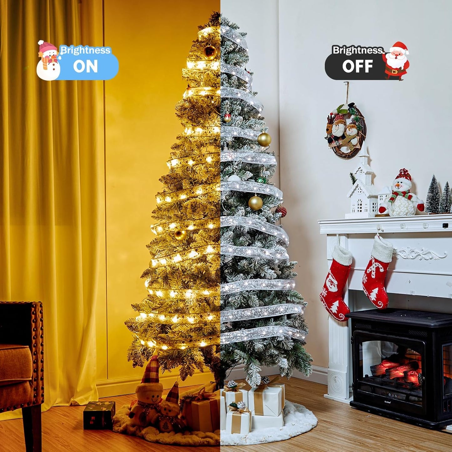 2 Pack Christmas Tree Ribbon String Lights - 33ft 100 LED Battery Powered Ribbon Bow Fairy Lights with Timer and 8 Lighting Modes for 6ft - 8ft Christmas Tree New Year Decor, Silver Ribbon