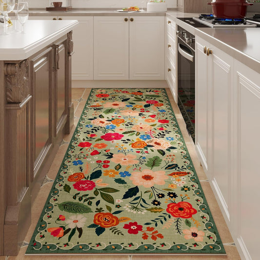 Runner Rug for Hallways Kitchen Rug Non Slip 2'x 6' Washable Rugs with Rubber Backing Soft Floral Carpet Runner for Hallways, Kitchen, Laundry, Bedroom, Bathroom(Green)