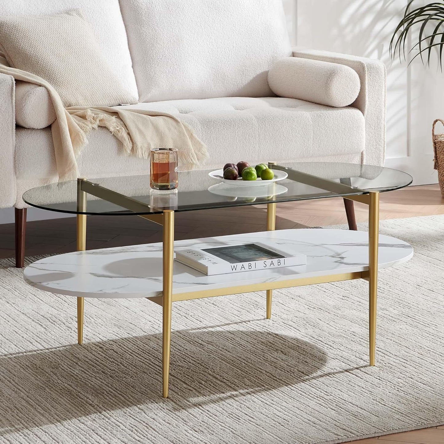 Oval Coffee Table, Mid-Century Modern Design, L41 x W21 x H17 inch, for Living Room, Clear Glass Top, White Marble Finish Wood Shelf & Gold Finish Frame