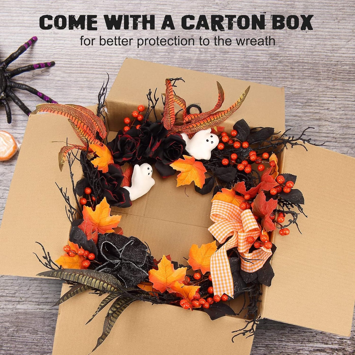 Adeeing 26 Inch Halloween Wreaths for Front Door, Halloween Decorations Ghost Wreath with Feathers Artificial Black Rose and Ribbon for Indoor Outdoor Home Party Decor