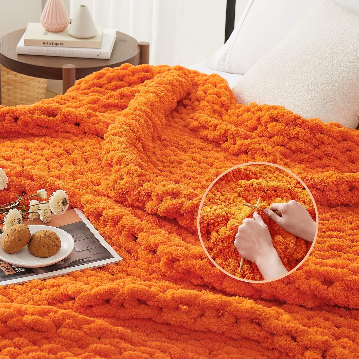 L'AGRATY Chunky Knit Blanket Throw: 72''x84'' Chenille Chunky Knitted Throw Blanket for Bed Couch - Handmade Thick Big Cable Knit Blanket - Large Chunky Crochet Rope Blanket for Home Decor(Orange)