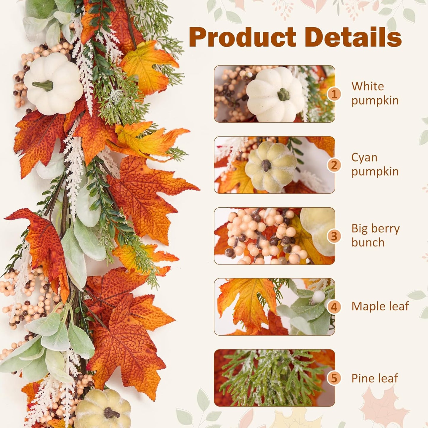 GENMOUS 6ft Thanksgiving Fall Garlands, Pumpkins Maple Leaves Autumn Wreaths for Front Door, Fall Decor, Porch Wall, Home Outdoor Holiday Decorations