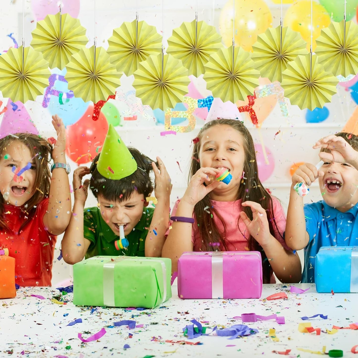 Yellow Hanging Paper Fans,Yellow Accessories Paper Decorations for Party,Color Party Decorations,Bee Themed Classroom Decor,8in Hanging Paper Fans 30 Color DIY Set （Light Yellow）