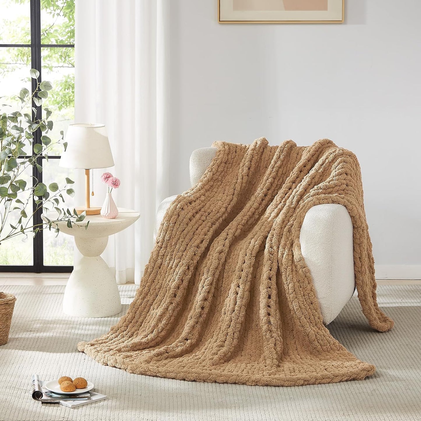 L'AGRATY Chunky Knit Blanket Throw: 80''x90'' Chenille Chunky Knitted Throw Blankets for Bed Couch - Handmade Thick Big Cable Knit Blanket - Large Crochet Rope Blankets for Home Decor(Tan)