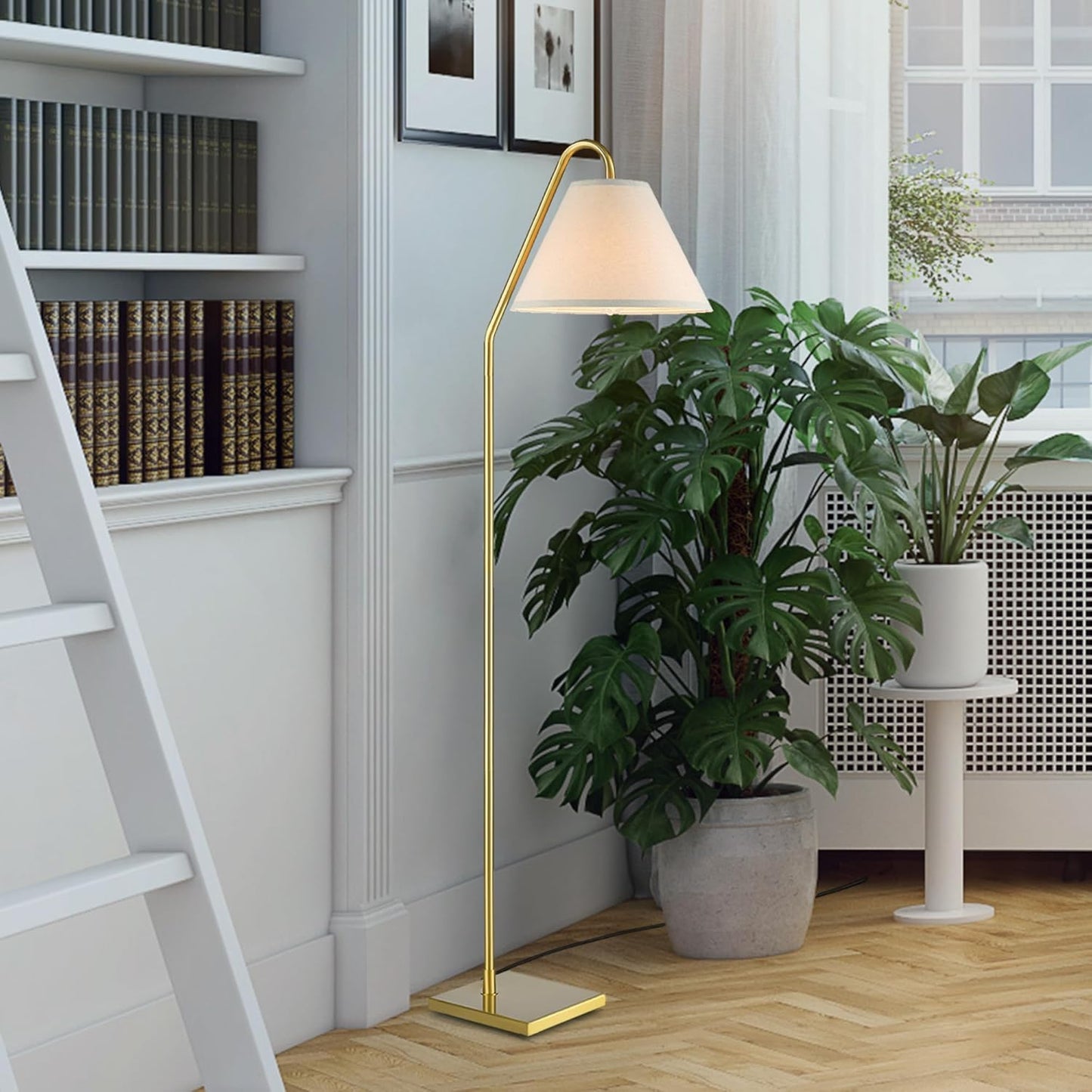 GLOBE Electric 61000147 62" Floor Lamp, Matte Brass, Beige Fabric Shade, On/Off Rotary Switch on Socket, 6-Foot Clear Cord, Reading Light, Bedroom, Living Room, Home Decor