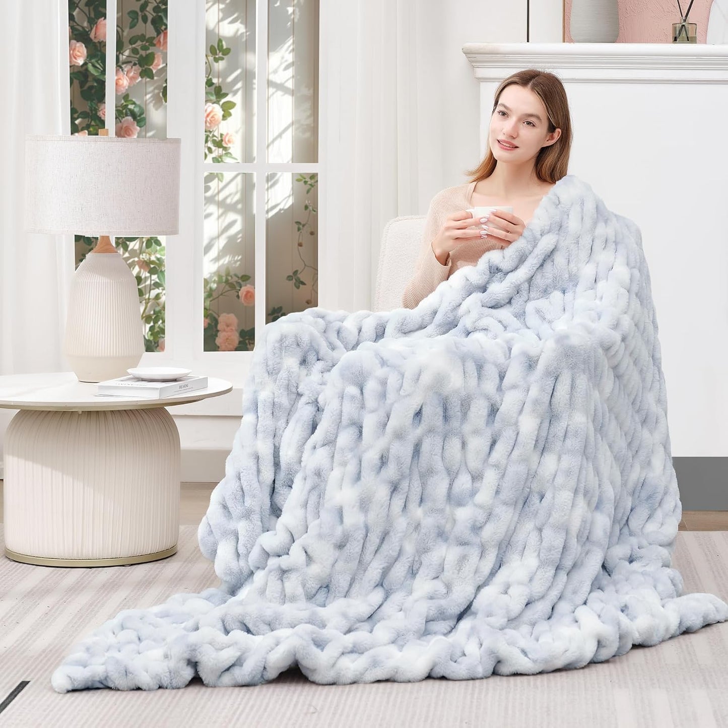 Touchat Ruched Faux Rabbit Fur Blanket, 700 GSM Luxury Dual-Sided Soft Cozy Blanket, Fuzzy Fluffy Plush Throw for Bed, Couch and Sofa - 60"x80", Tie-dye Blue