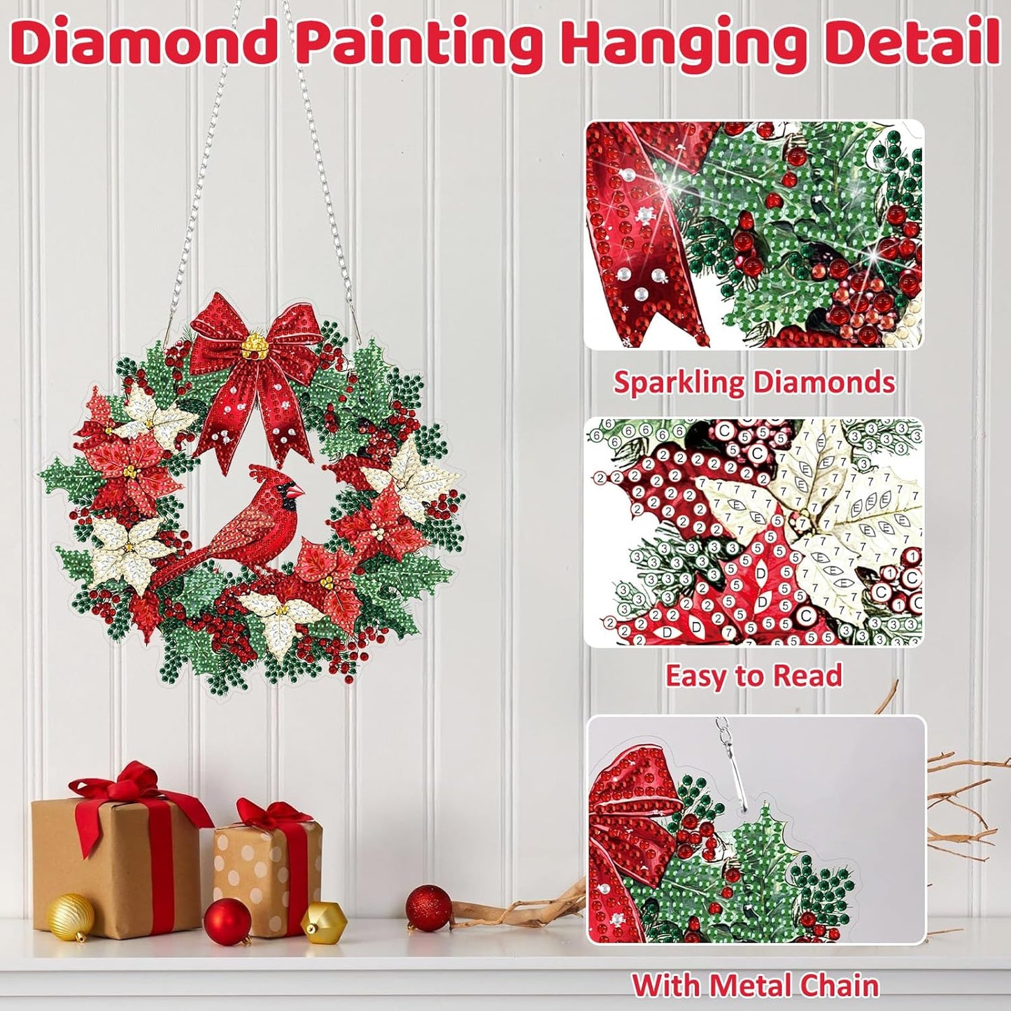 MEIYUDA Christmas Diamond Art Hanging Kits for Adult, Cardinal Wreath Diamond Painting Hanging Kits Ornaments, DIY Special Shaped Rhinestone Window Pendants kit for Home Garden Wall Decor Gift