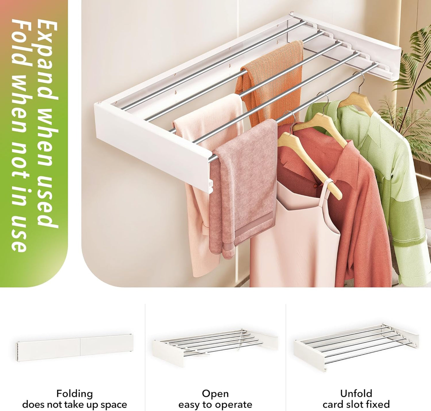 Wall Mounted Clothes Drying Rack 32 inches,Foldbale Laundry Drying Rack Wall Mount,Drying Rack Clothing Space Saver,Retractable,Collapsible,Folding Laundry Rack,White
