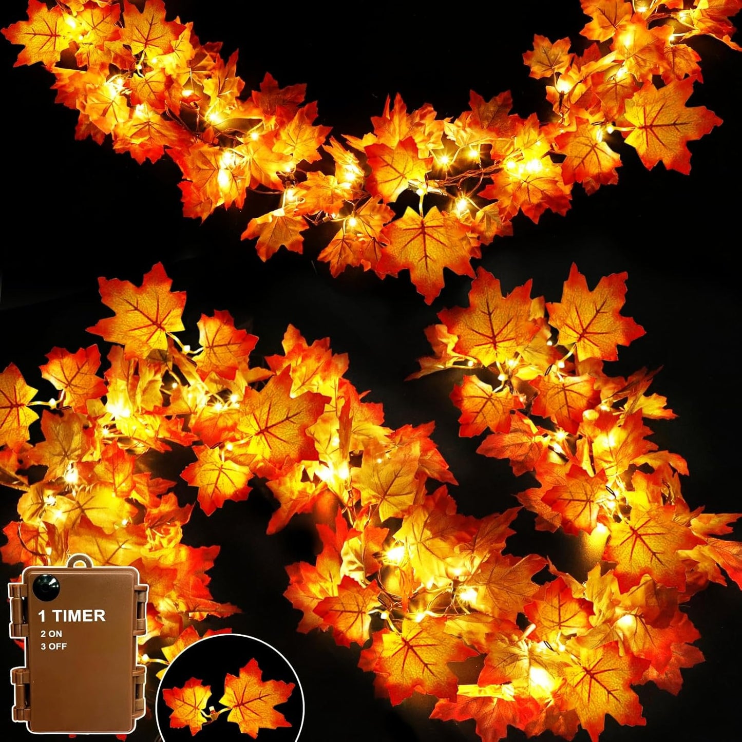 Timer & Thicker Leaves - 2 Pack Fall Garland with Lights Fall Hallowen Decorations Indoor Total 80 Leaves 40LED 13Ft Battery Operated Halloween Garland Thanksgiving Decor Home Indoor Outdoor Christmas