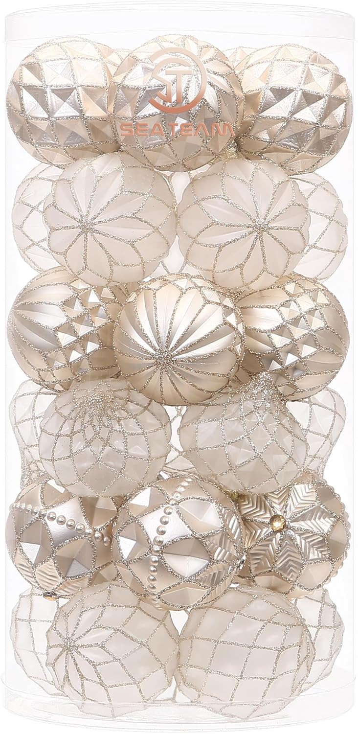 Sea Team 60mm/2.36" Delicate Contrast Color Theme Painting & Glittering Christmas Tree Pendants Decorative Hanging Christmas Baubles Balls Ornaments Set - 30 Pieces (Champagne & Matte)