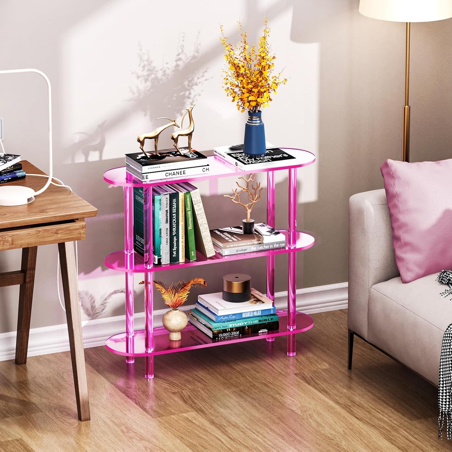 Clear Bookshelf, Acrylic Bookcase with Open Book Shelf Console Table for Entryway Office (3 Tier Pink)