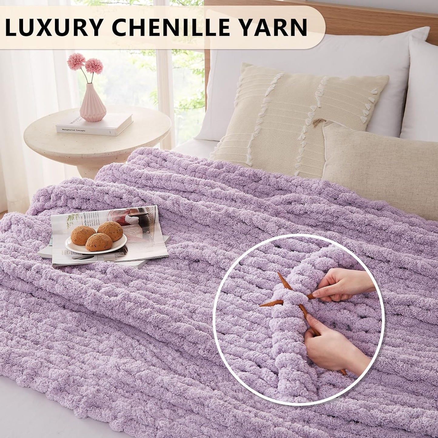 L'AGRATY Chunky Knit Blanket Throw - Soft Chenille Yarn Throw Blanket 40x50： Handmade Thick Cable Knit Crochet Blanke - Large Knit Blanket Chunky Rope Knot Throw Blanket for Couch Sofa Bed Home Decor