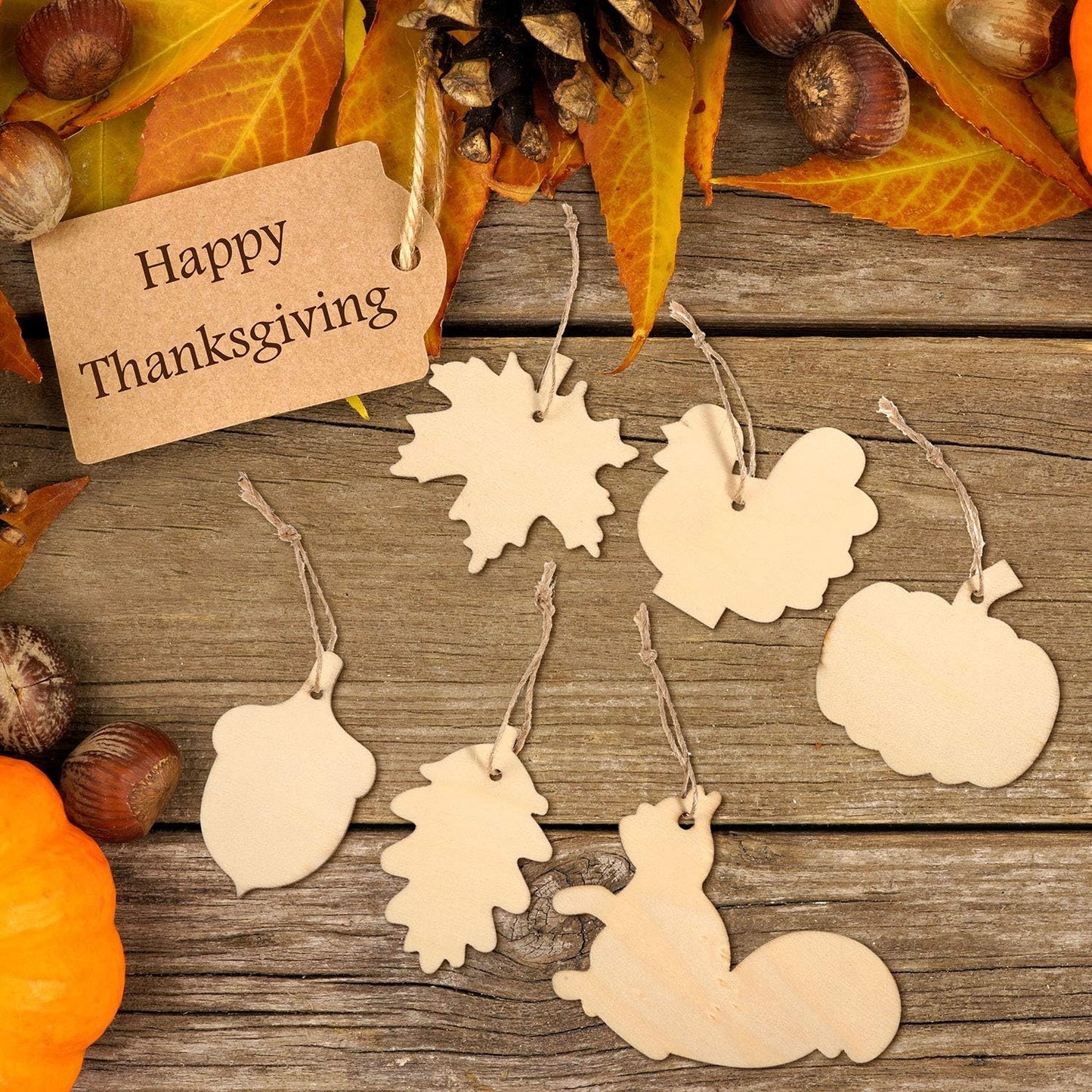 60 Pieces Fall Thanksgiving Unfinished Wooden Ornaments Maple Leaves Pumpkin Wood Cutout Squirrel Acorn Blank Wooden Ornament for Thanksgiving Party DIY Decor Supplies, 6 Styles