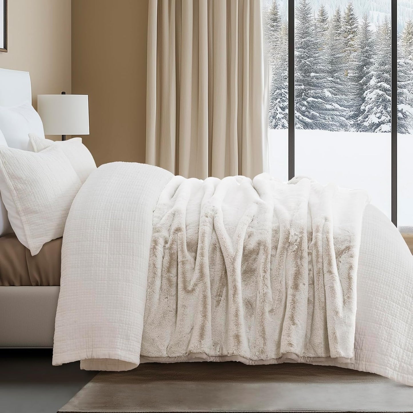 Ultra Soft Luxury Fluffy Mink Faux Fur Throw Blanket, Thick Warm Fall Winter Blankets for Bed, Couch, Cozy Plush Reversible Blanket for Chair, Sofa (Tipped Champagne Ivory, 50"x60")