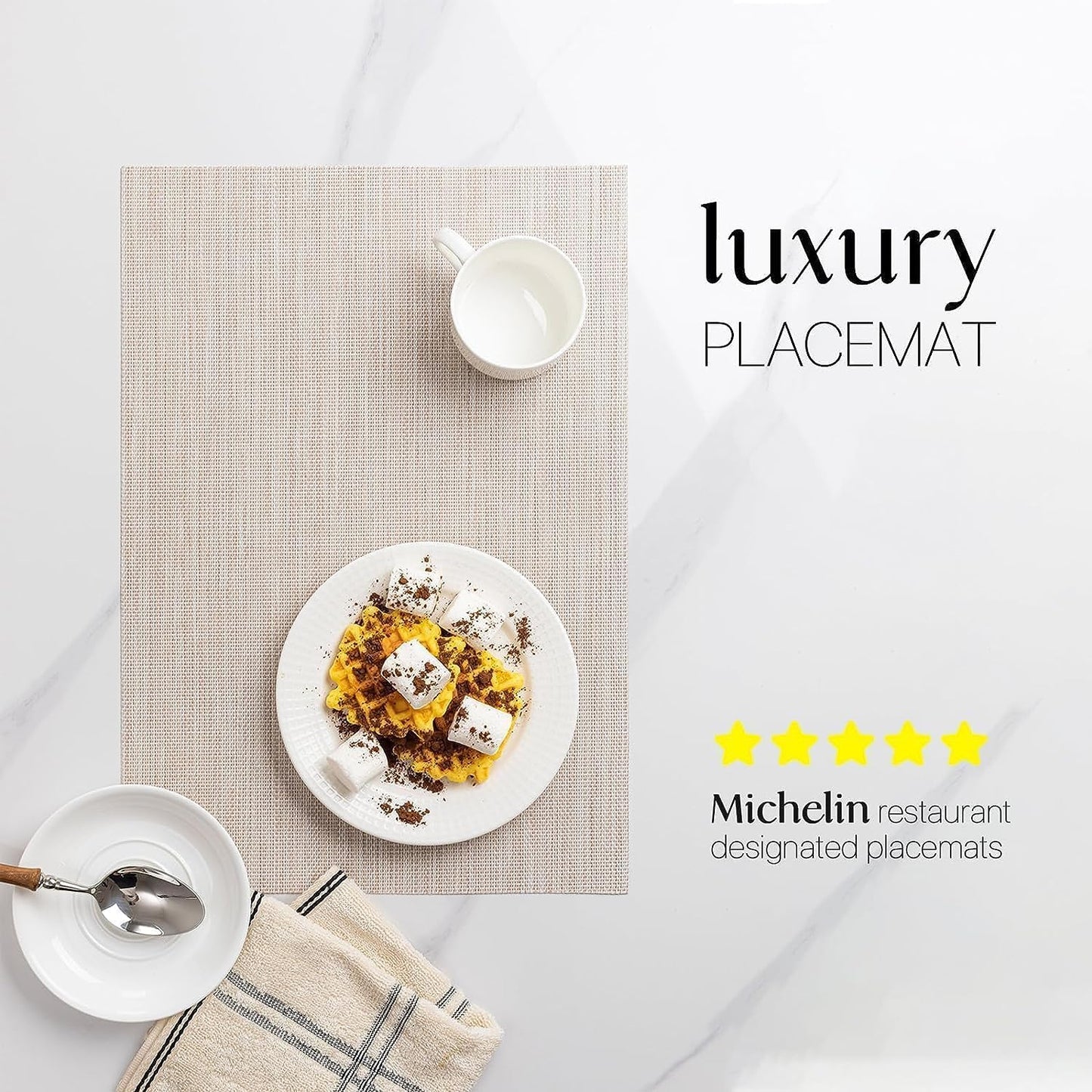 LEXMORE Placemats Set of 8 Vinyl/Plastic Woven Place Mats for Kitchen Table Indoor/Outdoor Washable Placemat Wipeable Dining Table Mats(A-Beige White)