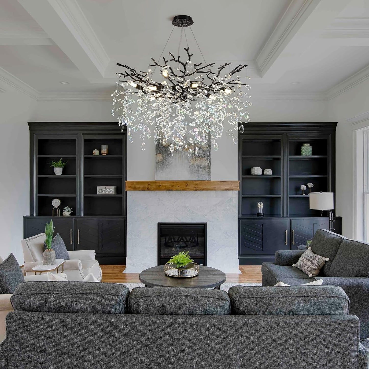 Modern Black Crystal Tree Branch Chandelier, 10-Light 30" Black K9 Crystal Chandeliers for Dining Room, Round Chandelier for Living Room,High Ceiling,Kitchen Island,Foyer,Staircase