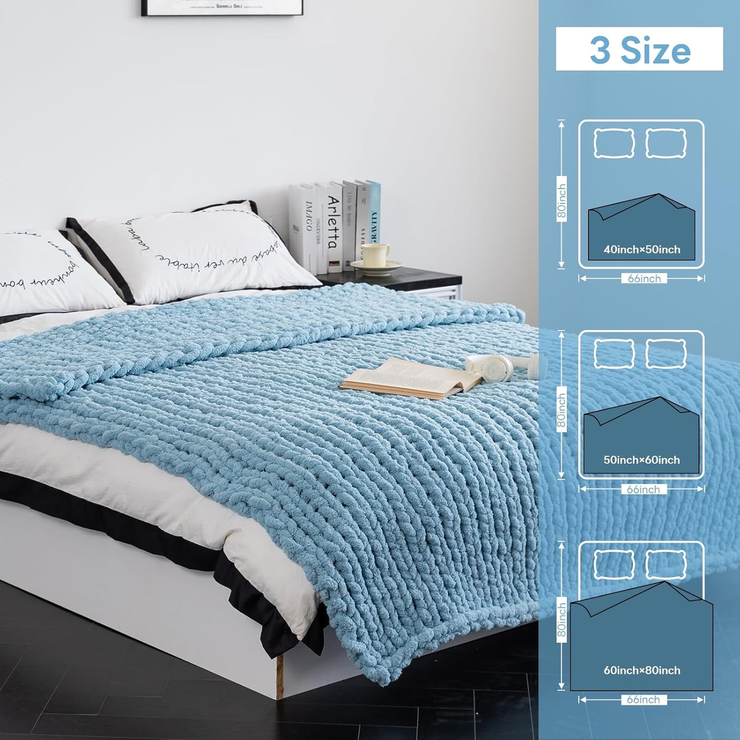 Chunky Knit Blanket - Luxury Soft Cozy 60 * 80 Throw Blanket,100% Woven Blanket Rope Knot Throw Blanket for Couch, Sofa, Home Decor, Gift - Machine Washable（Light Blue）