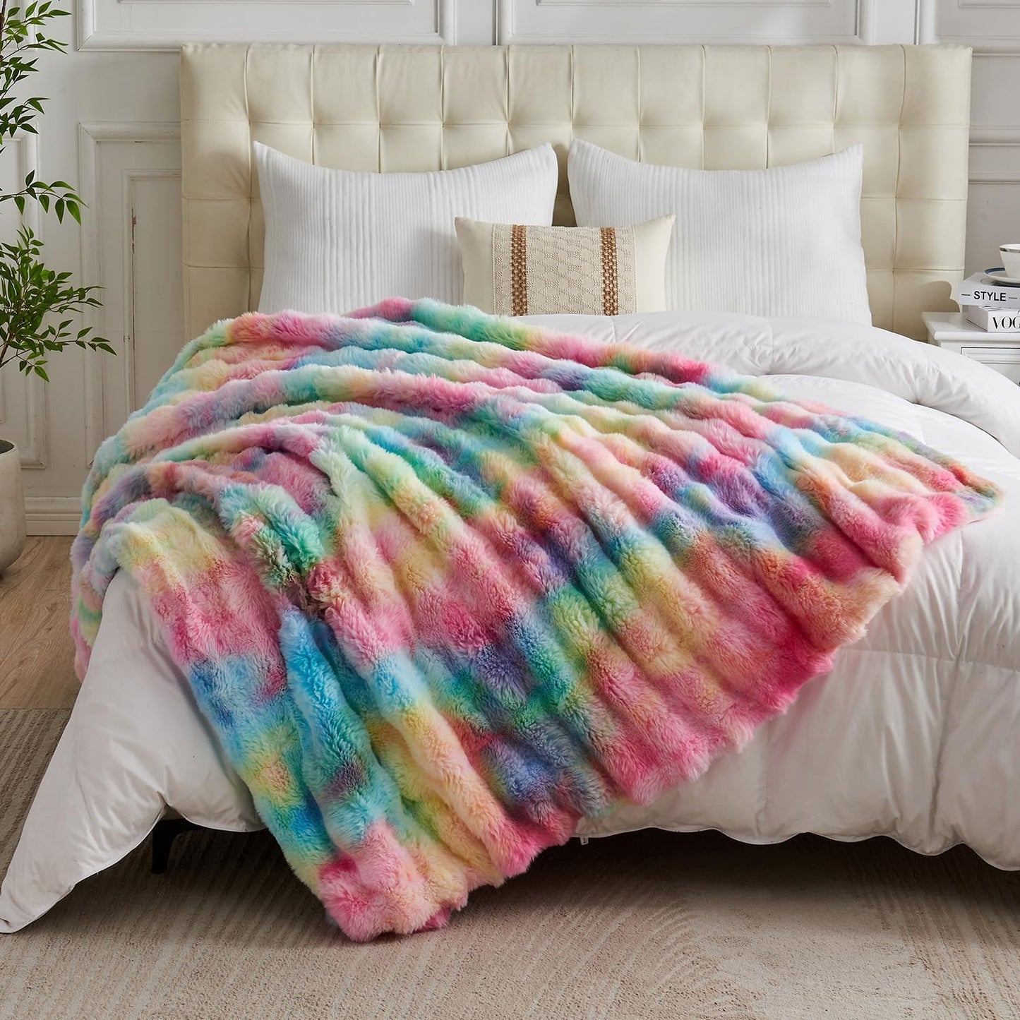Lotus Karen Queen Size Faux Fur Blanket Rainbow - Big Bubble Rabbit Fluff Blanket for Bed, Large Fluffy Fuzzy Cozy Blanket, Thick Furry Plush Shaggy Blankets, 90x90 Inches