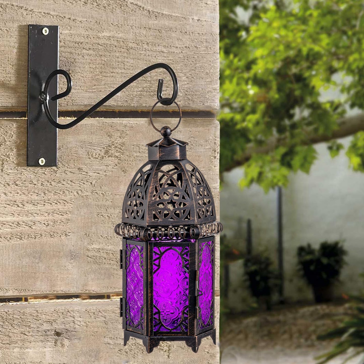 NEEDOMO Moroccan Candle Lantern, 12.8'' Hanging Lanterns Decorative Indoor Outdoor, Vintage Candle Holder for Chritsmas, Halloween, Table, Patio, Porch, Shelf, Gothic Home Decor (Purple)