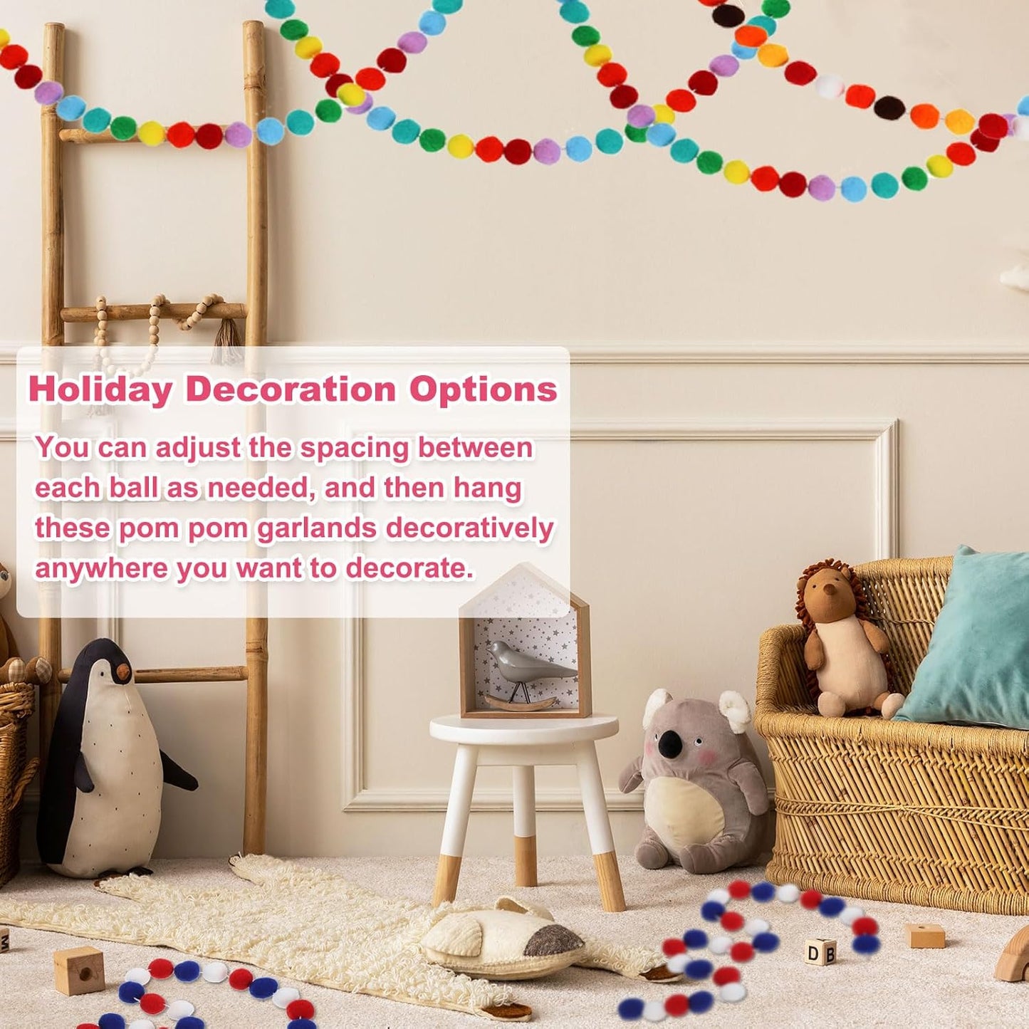 PATIKIL 13Ft Pom Pom Garland Decorations, 2Pcs Colorful Felt Ball Garland Banner Cute Rainbow Pompom Hanging Decorations for Tree Ornaments Homes Decor, 10 Colors