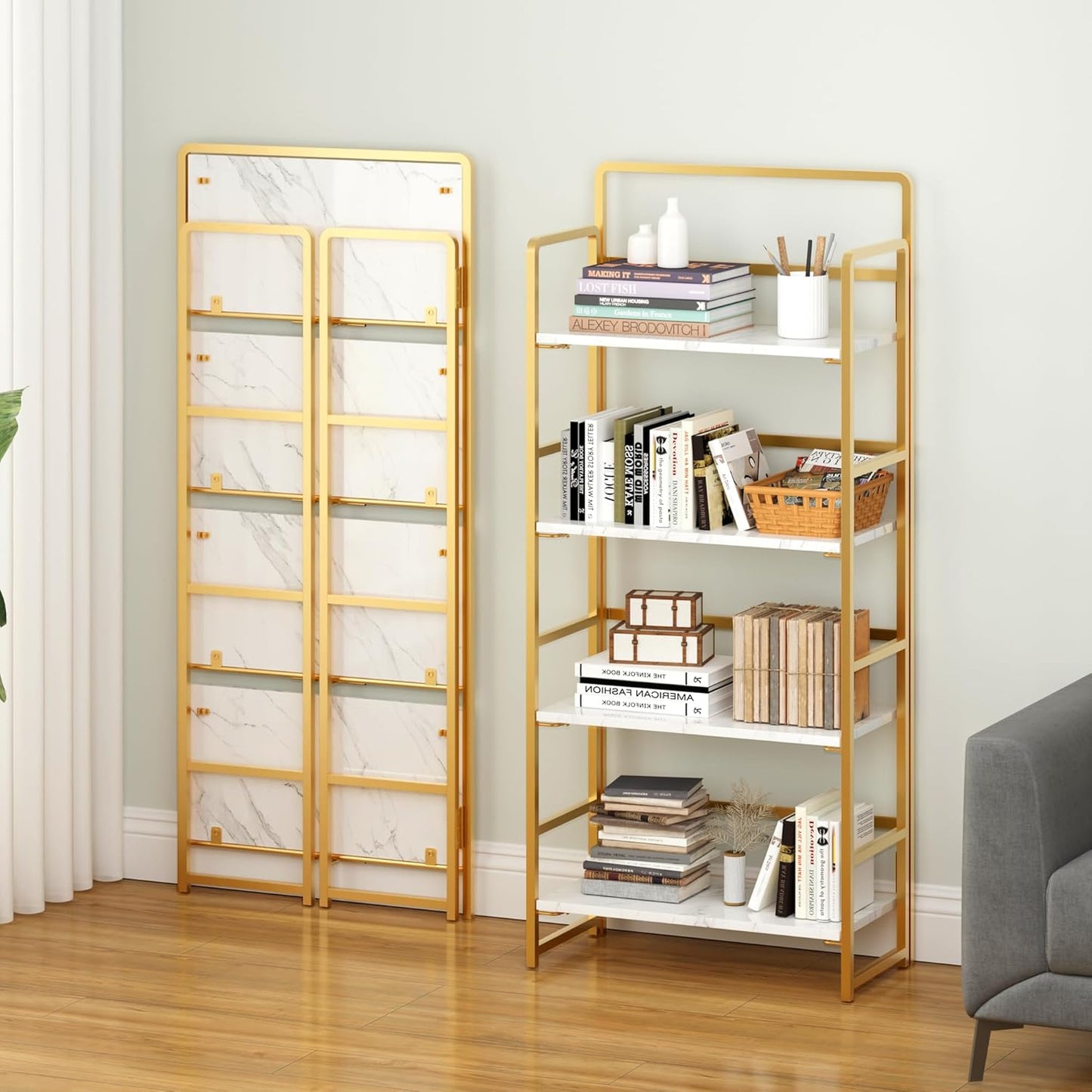 4NM No Assembly Foldable Bookshelf, 4-Shelf Collapsible Bookcase Storage for Small Spaces, 54" H, White and Golden