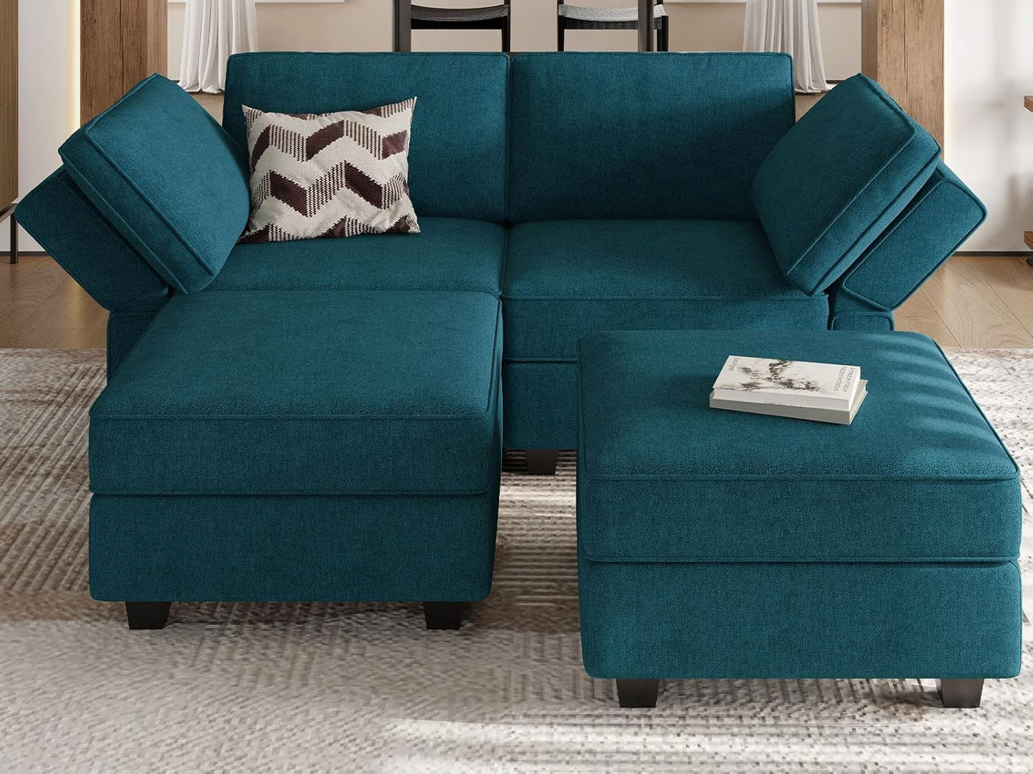 Bellfin Modular Sectional Sleeper Sofa Convertible Sofas with Storage Ottomans Small Sectional Couches for Living Room. Peacock Blue Couch