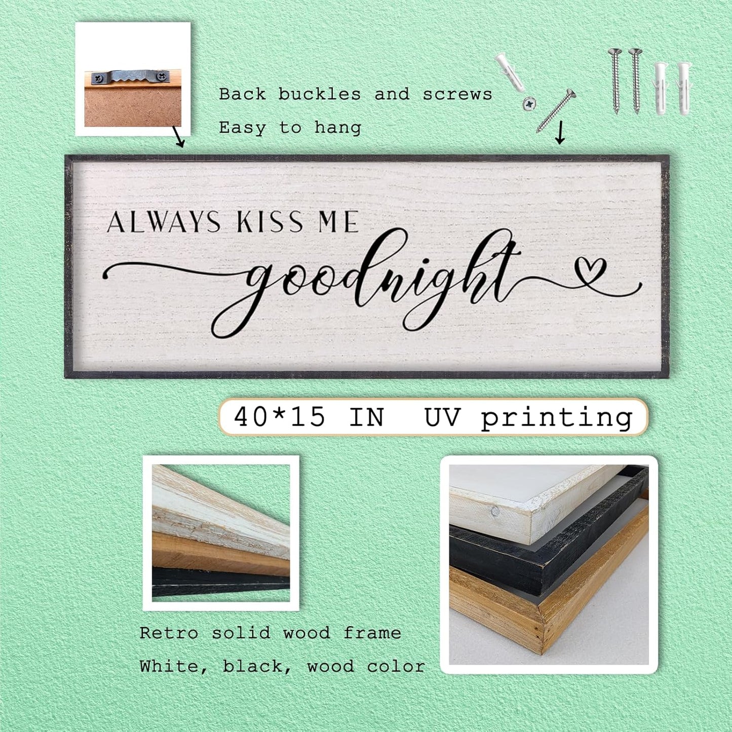 LuZhiQiang Above Bed Love Theme Wall Decor Always Kiss Me Goodnight Sign 40"×15" Wood Framed for Master Bedroom Over Bed Wall Art (Black)